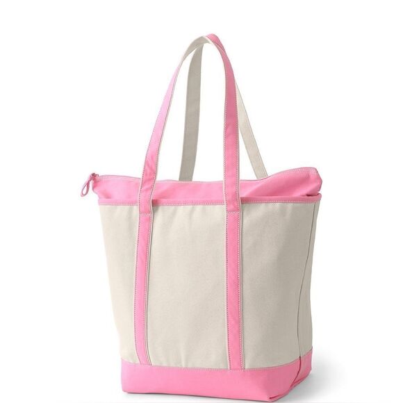 Land's End Large Zippered Canvas Tote pockets Pink Trim initials Pai Long Handle - Picture 1 of 10